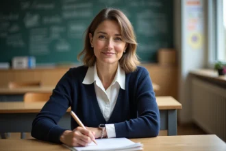 Professeure d age moyen dans une salle de classe chaleureuse