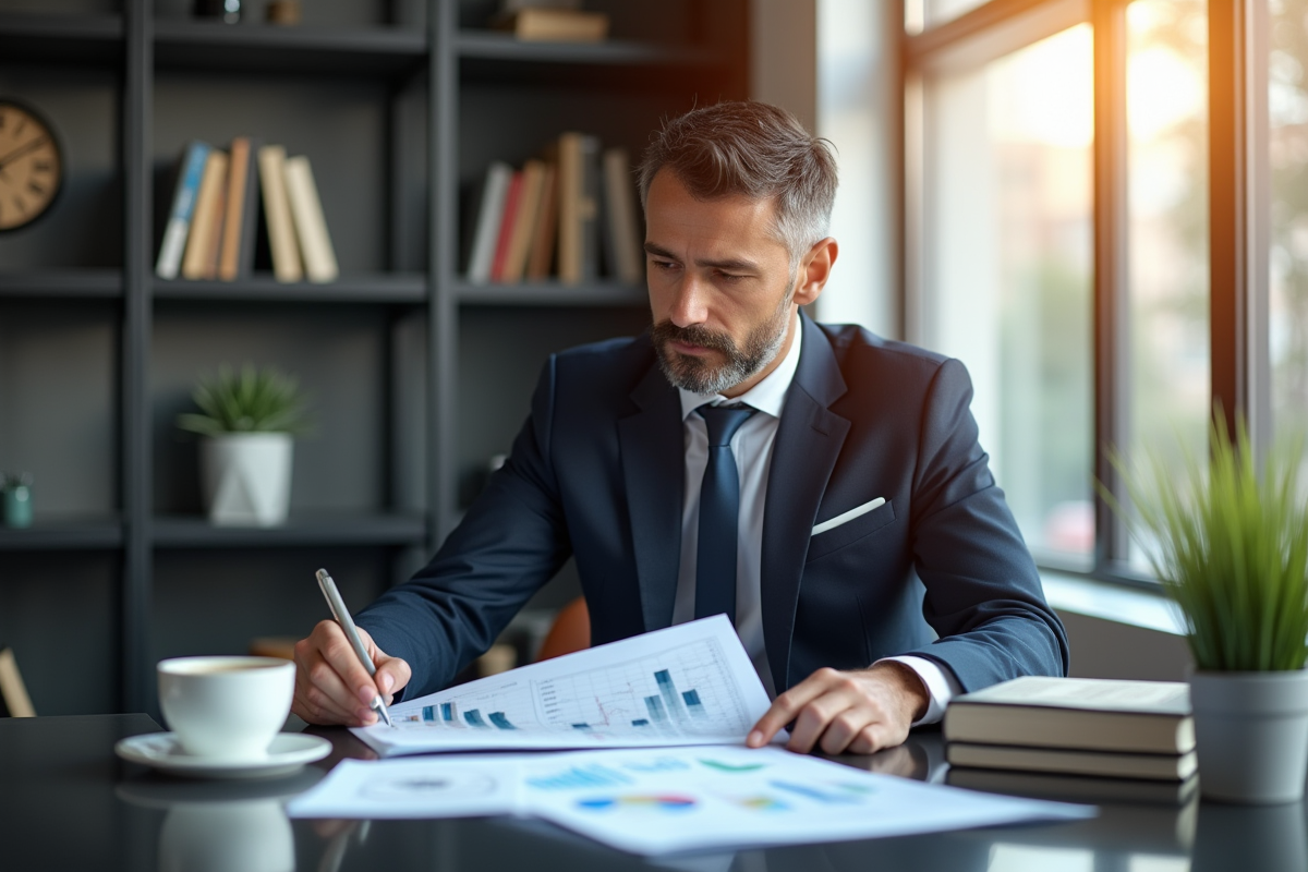 Professionnel en costume analysant des graphiques financiers au bureau