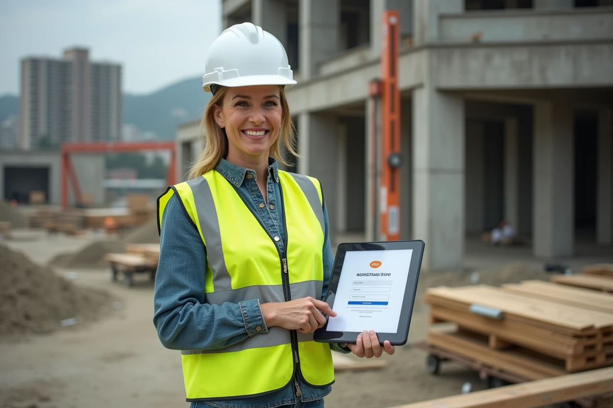 Professionnelle du BTP consultant une formation éligible CPF sur tablette sur un chantier de construction