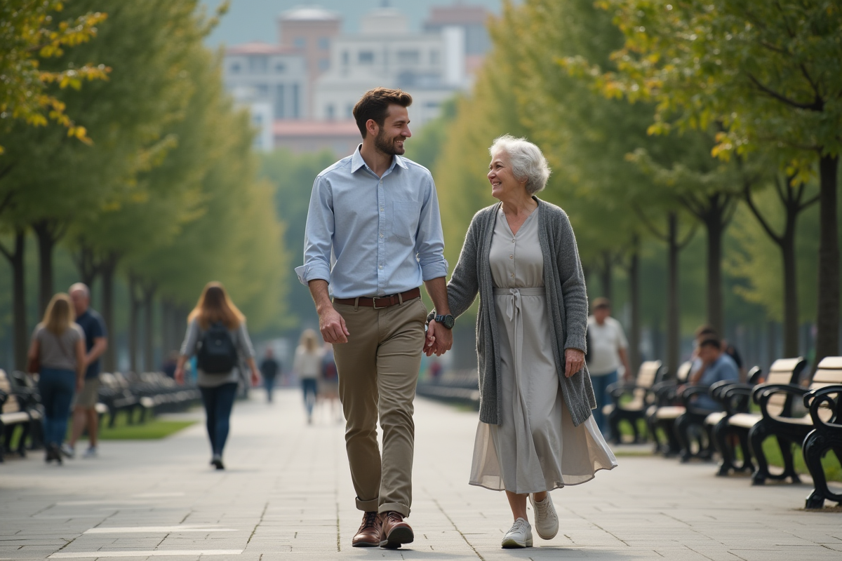 Jeune homme et femme âgée marchant dans un parc urbain ensoleille
