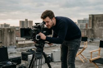 Jeune réalisateur de cinéma en train d'étudier le cadrage derrière une caméra professionnelle sur un toit urbain