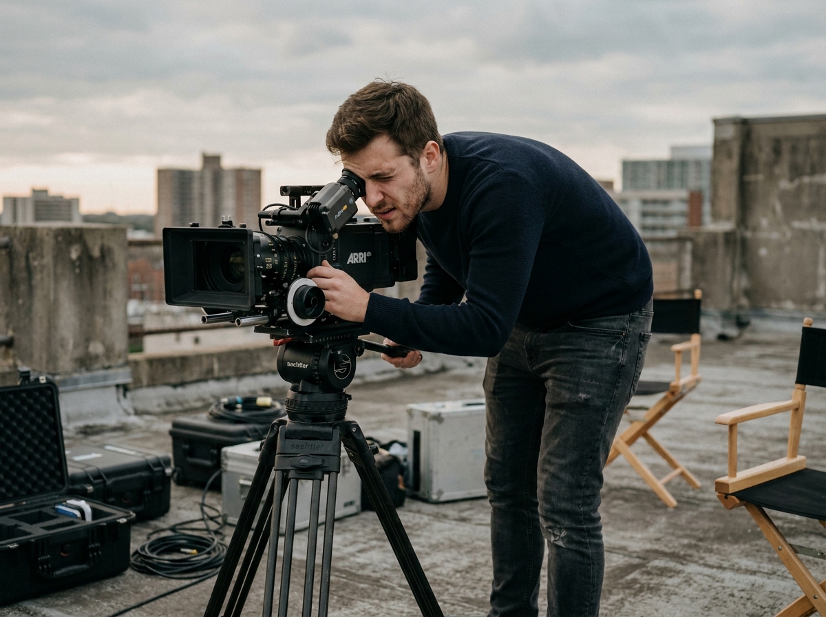 Jeune réalisateur de cinéma en train d'étudier le cadrage derrière une caméra professionnelle sur un toit urbain