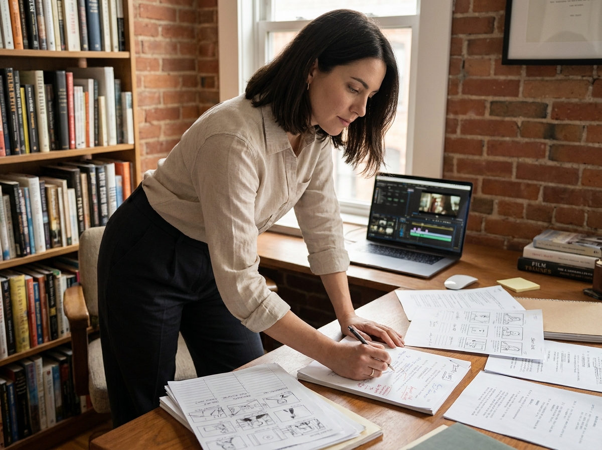 Réalisatrice travaillant sur un scénario et des storyboards dans un bureau de production créatif