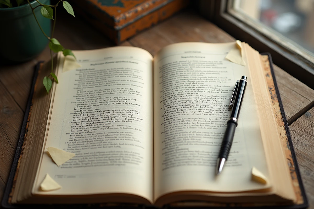 Plan rapproché d'un recueil de poésie ouvert et d'un plan de dissertation manuscrit sur une table en bois pour illustrer la méthode d'analyse littéraire