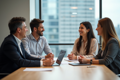 Groupe de quatre adultes en réunion de travail en bureau moderne