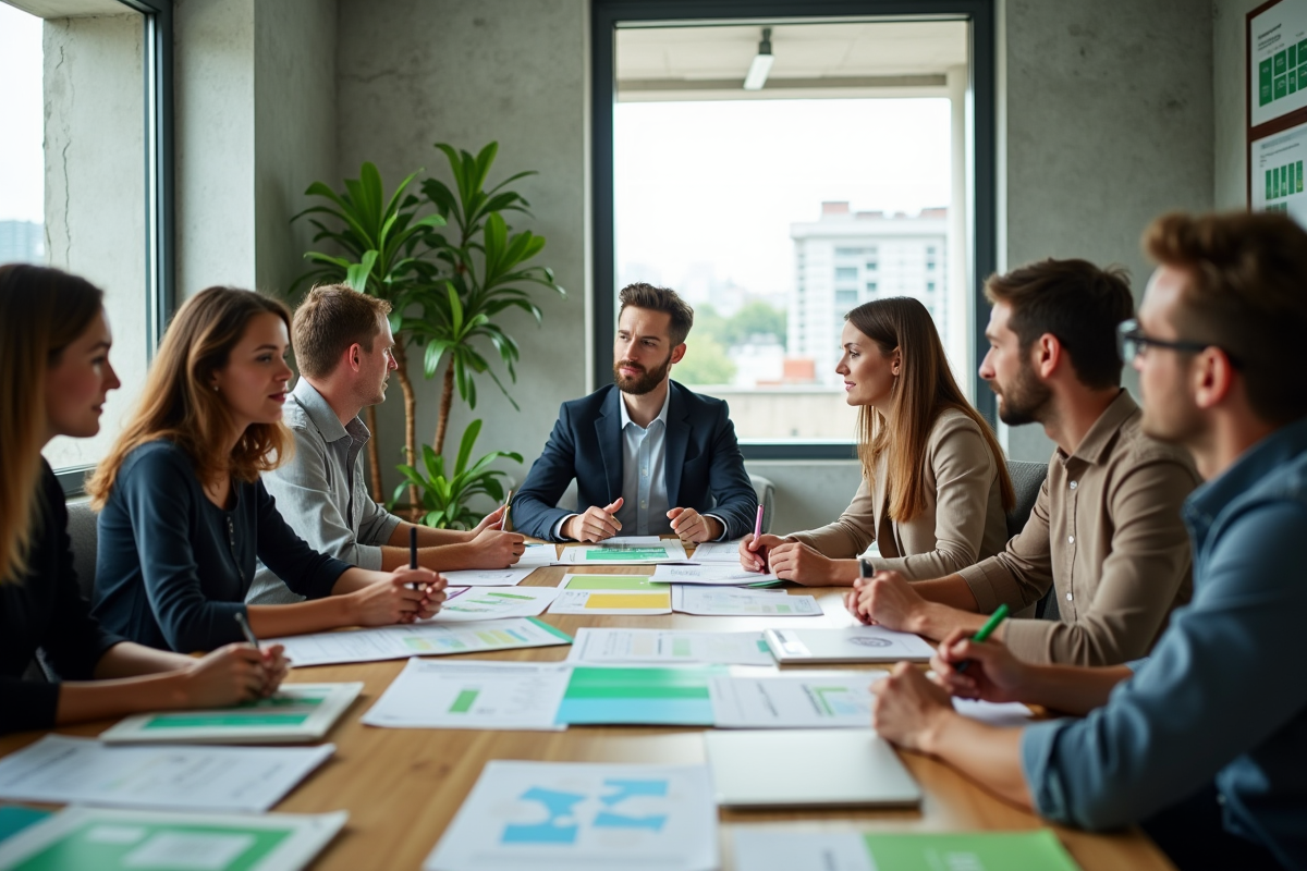 Groupe de professionnels autour d une table avec documents durables