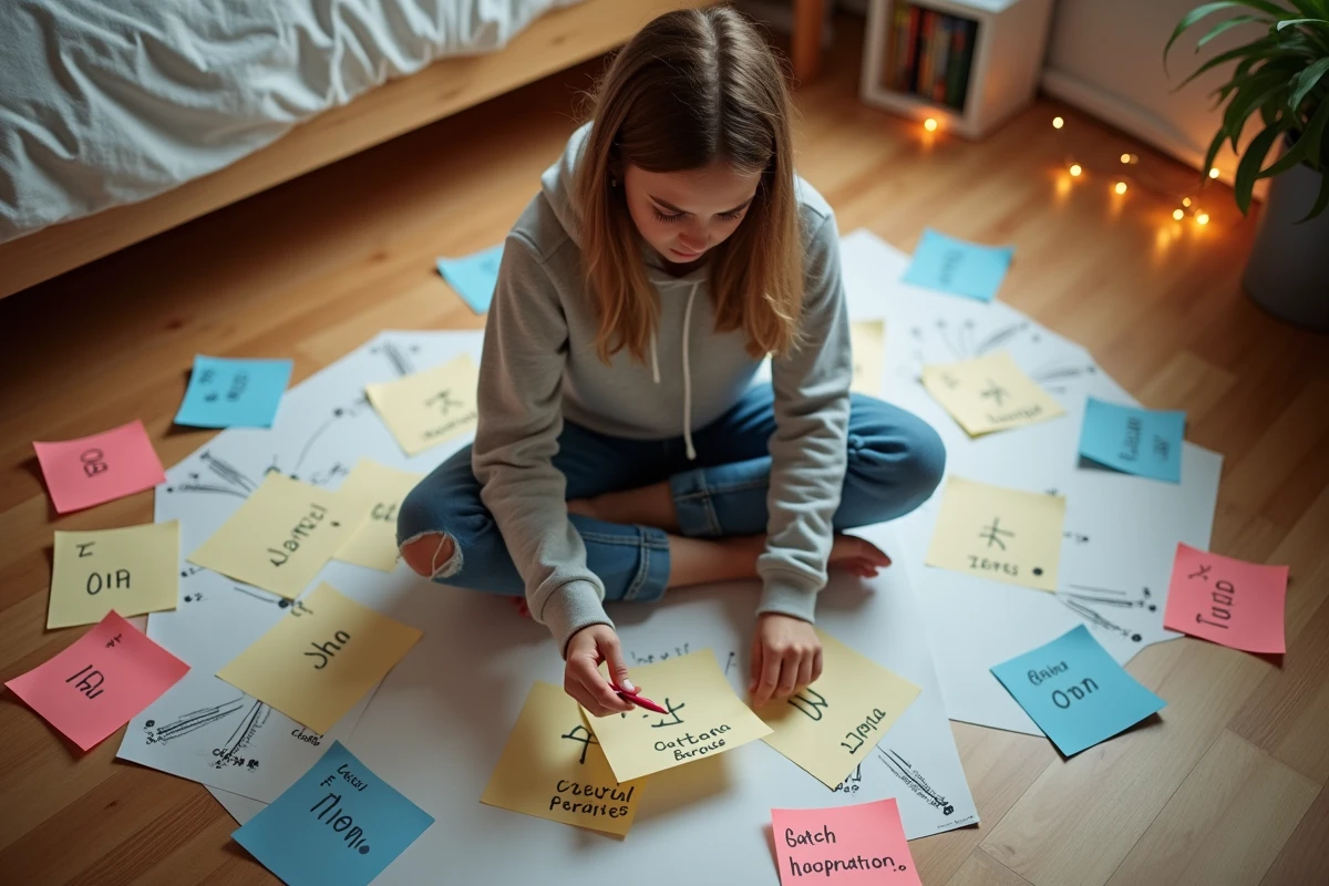 Adolescente révisant les verbes français en IR OIR et RE avec une carte mentale de post-it colorés sur le sol de sa chambre