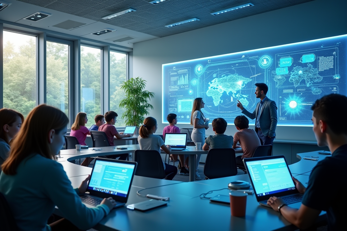 Salle de classe futuriste avec hologrammes et appareils numériques