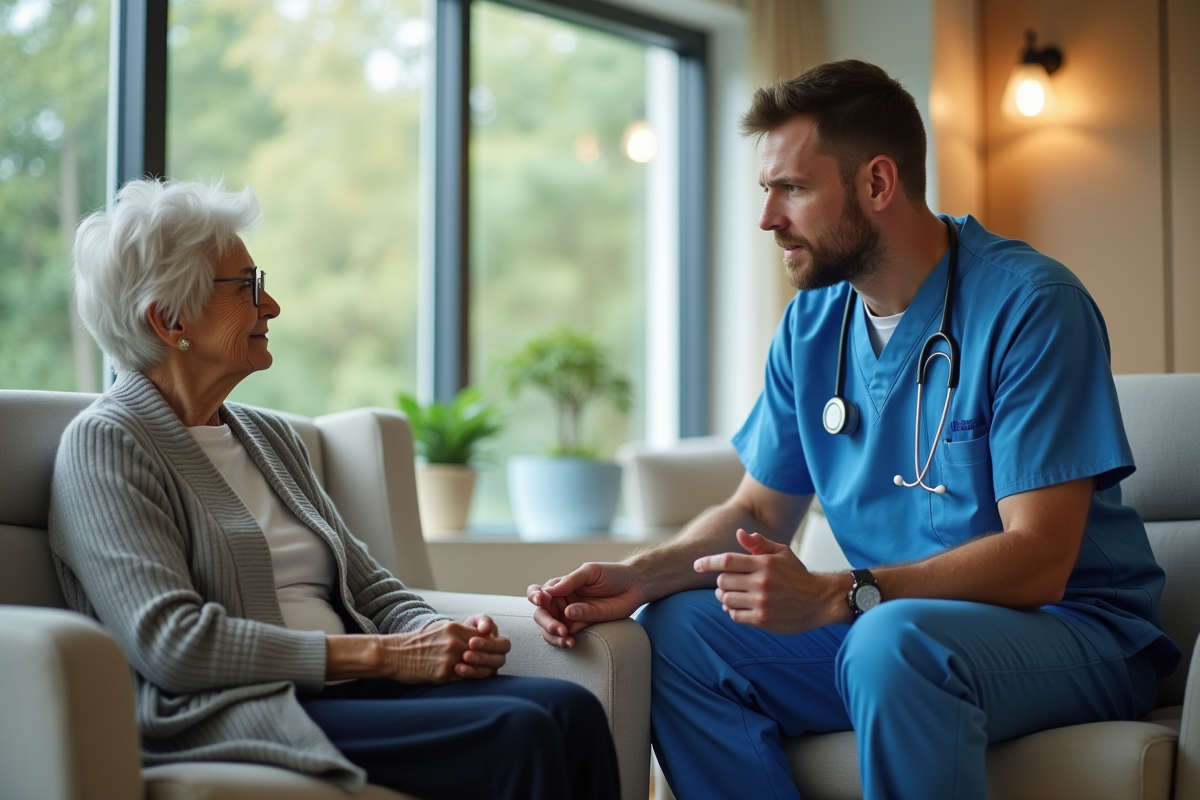 Femme âgée en salon hospitalier avec un infirmier
