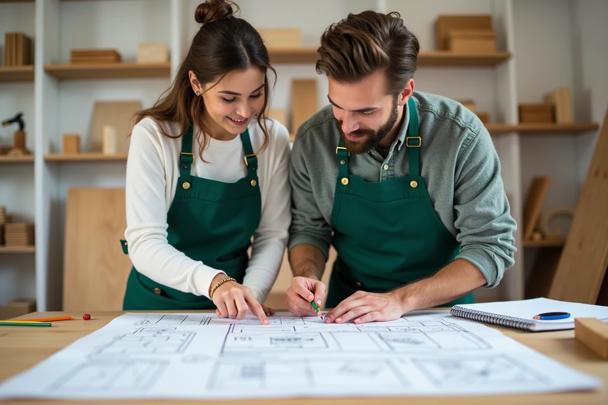 Couple découvrant les plans de construction lors d'un stage bricolage adapté à tous niveaux chez Bricoludik