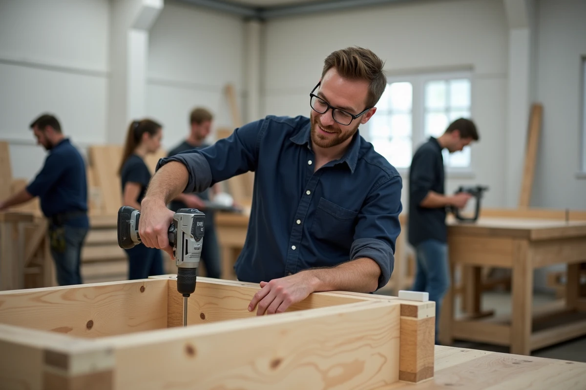Homme expérimenté utilisant une perceuse lors d'un stage bricolage intermédiaire en atelier collectif Bricoludik