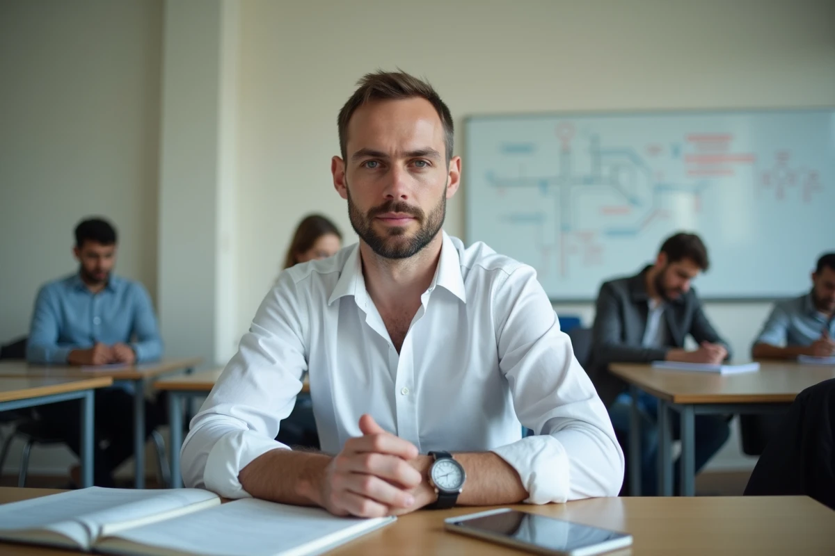 Stagiaire BTP en salle de formation professionnelle avec smartphone affichant un site de formation CPF