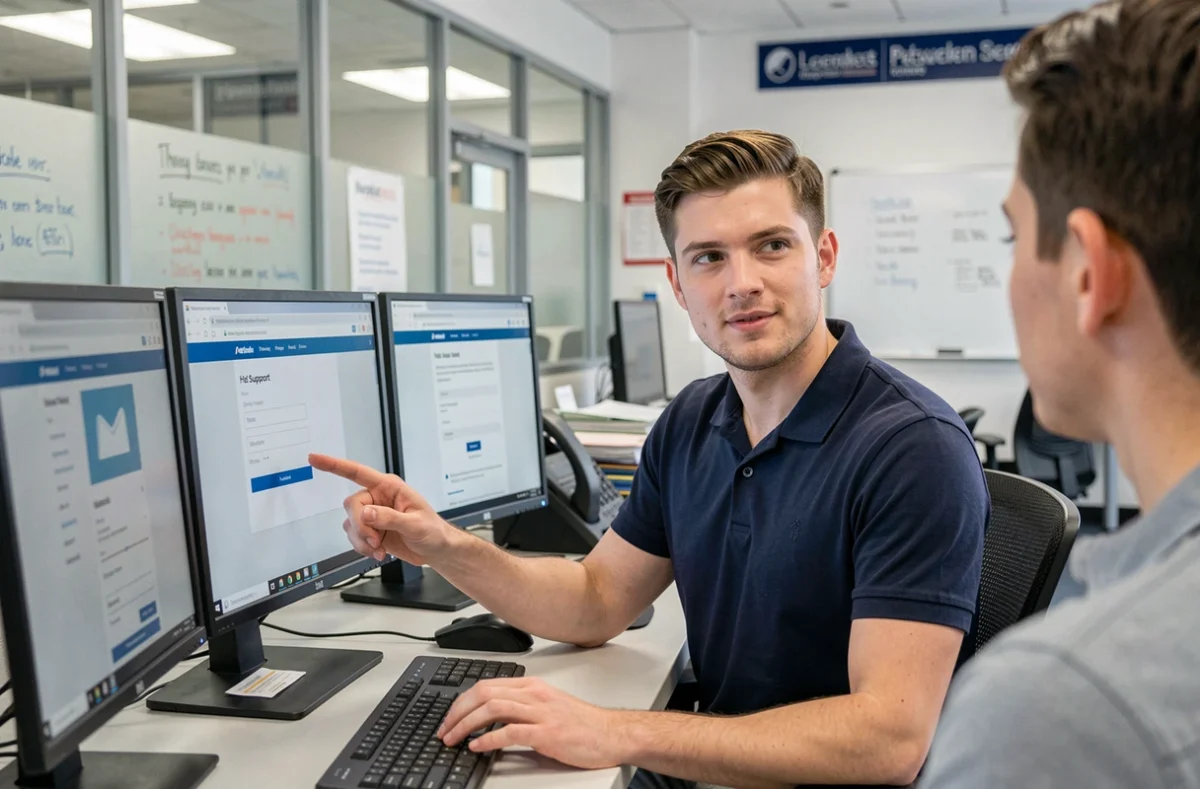 Agent du service informatique universitaire aidant un étudiant à récupérer l'accès à sa messagerie académique