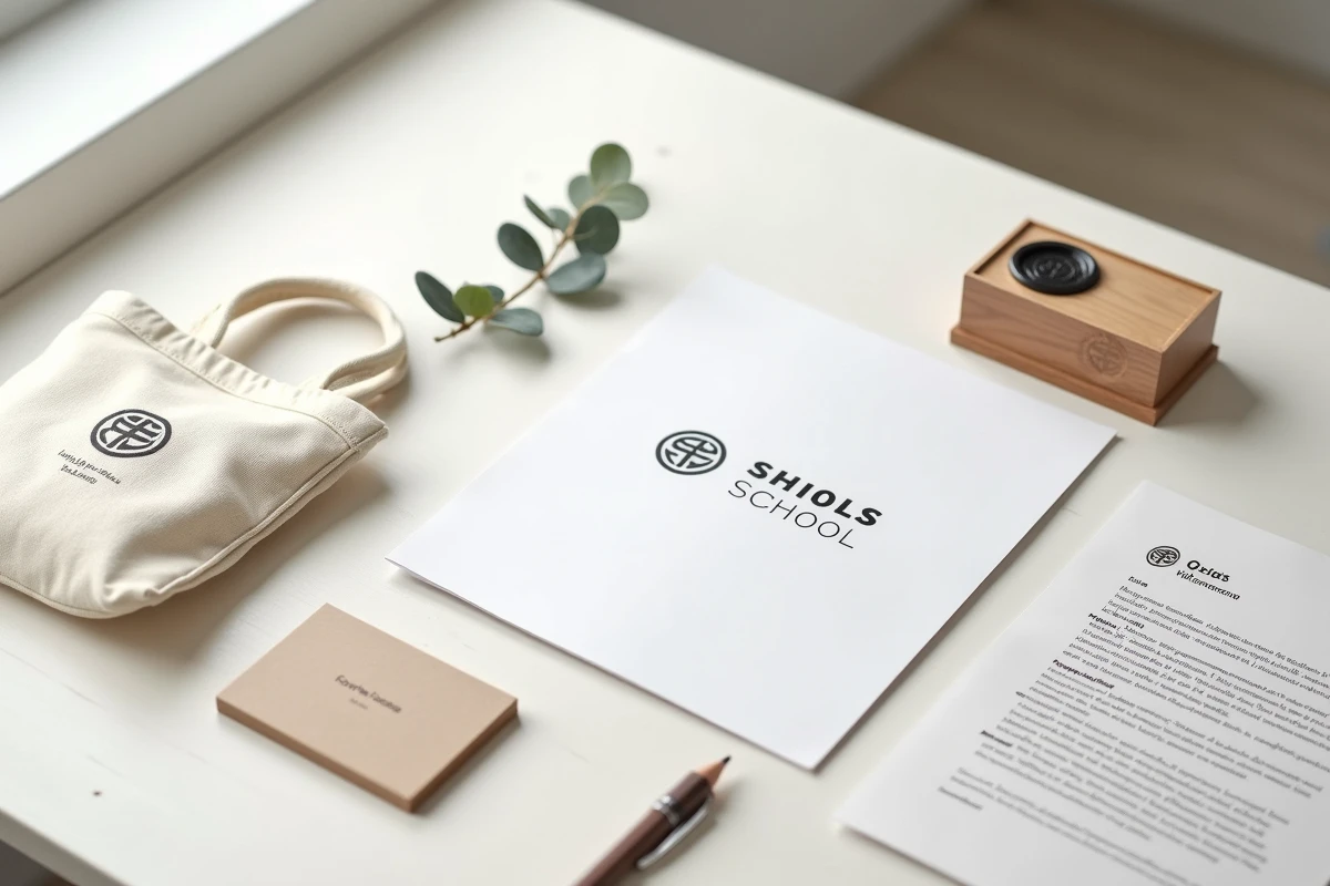 Flat lay de supports de communication d'une école avec logo, carte de visite, en-tête et tote bag branded sur une table en bois