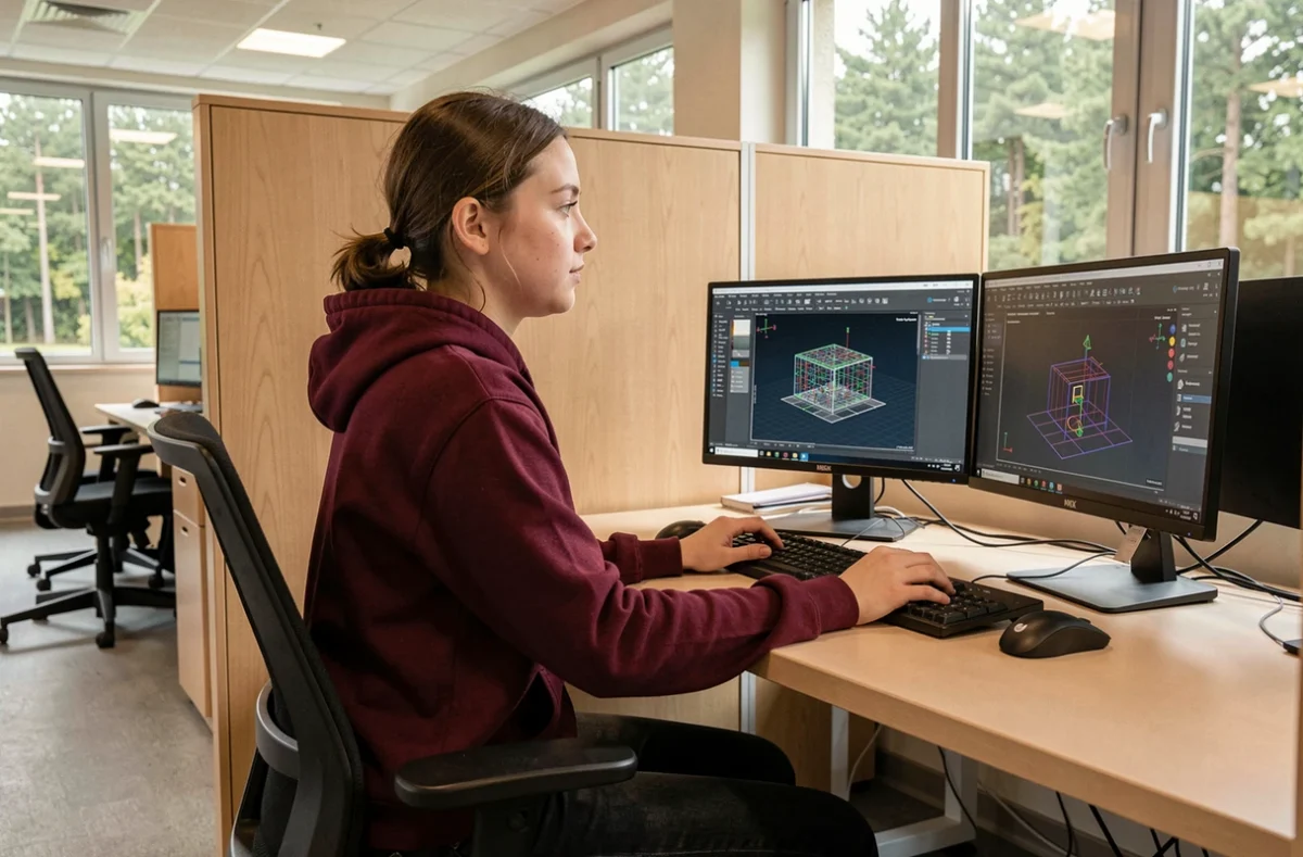 Étudiante de l'UTC Compiègne travaillant sur un logiciel de CAO dans une salle informatique moderne avec vue sur le campus boisé
