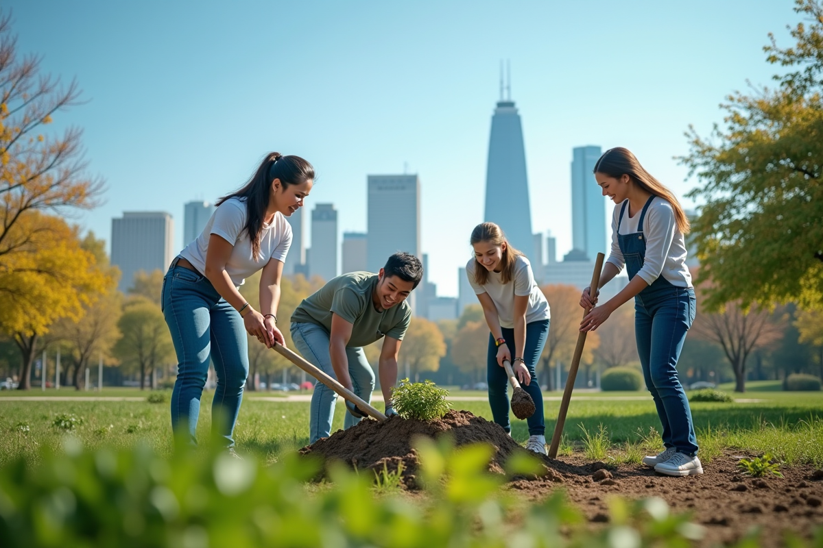 Employes plantant des arbres lors d une action en plein air